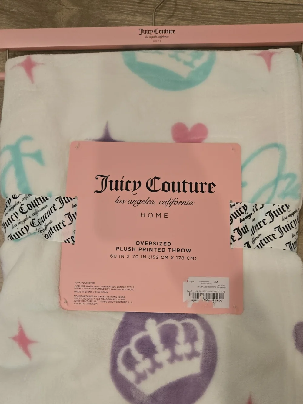 Juicy Couture Plush Printed Throw in White with Teal Pink and Lavender Accents